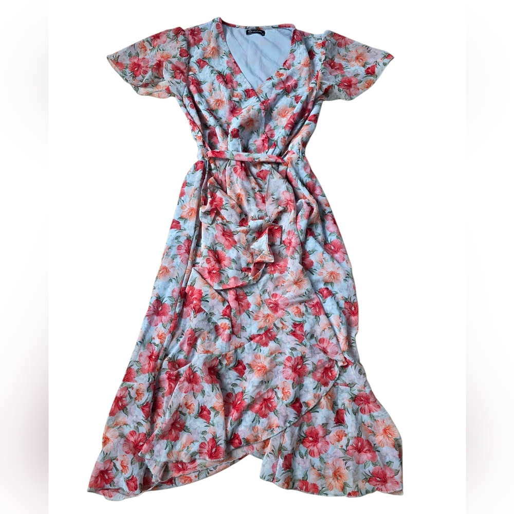 Pretty Garden Floral Print Faux Wrap Ruffled Maxi Dress With Belt Size M